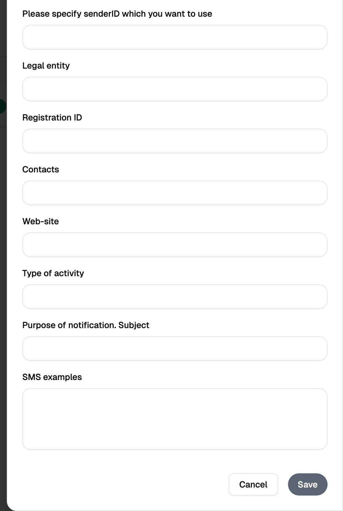 Sender registration form
